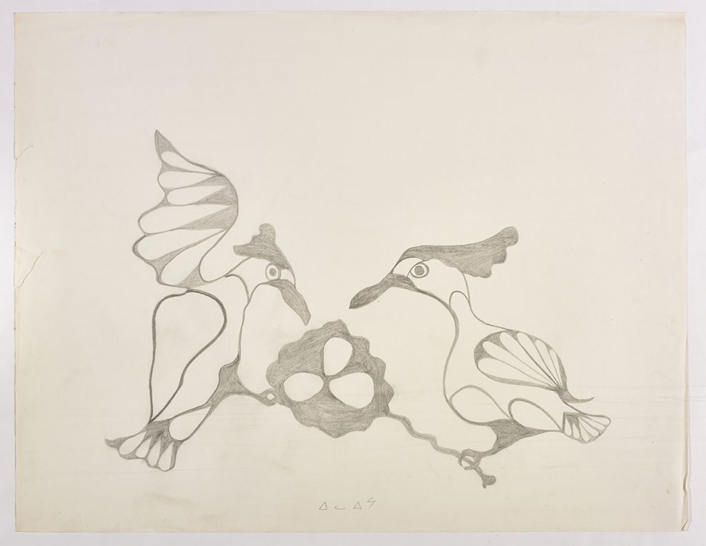 Two woodpecker-like birds with a nest with three eggs in the middle. Presented in a two-dimensional style and using grey.
