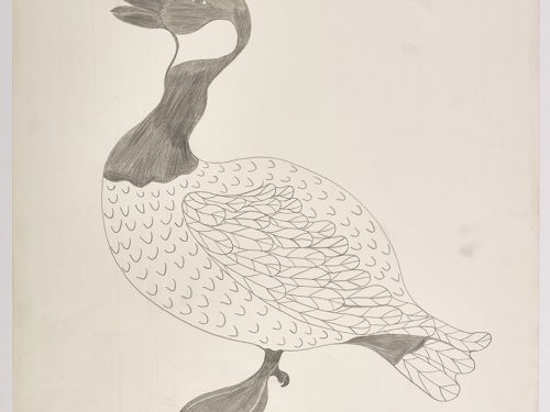 Profile of a Canadian goose with stylized feathers. Presented in a two-dimensional style and using grey.