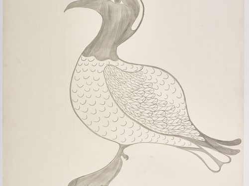 Profile of a bird with stylized feathers. Presented in a two-dimensional style and using grey.