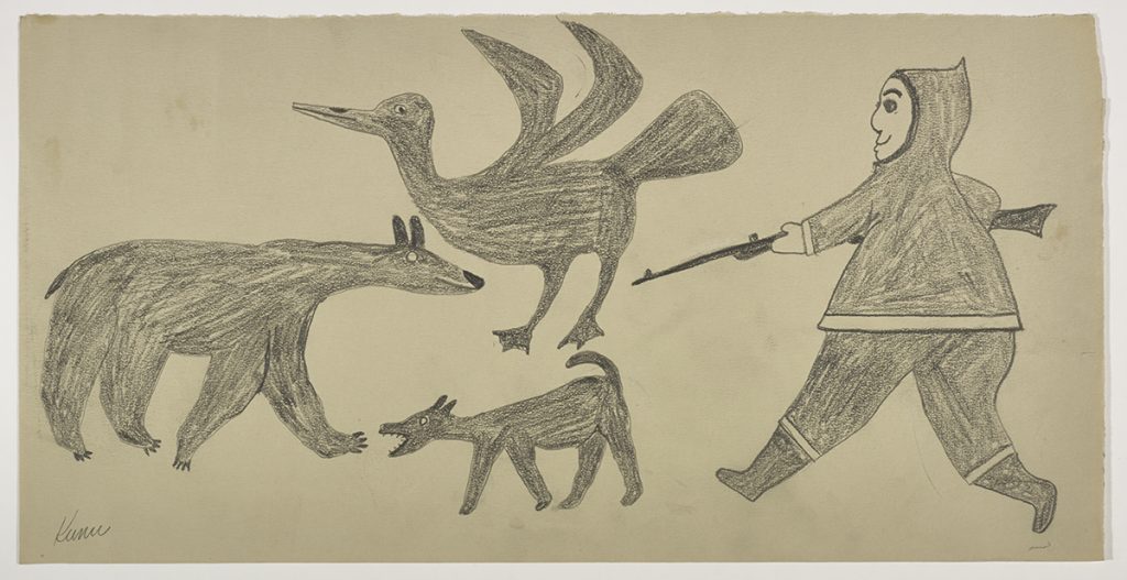 Scene depicting a human shooting at a bear with a bird blocking the way. A dog is also below the bird. Presented in a two-dimensional style and using grey.
