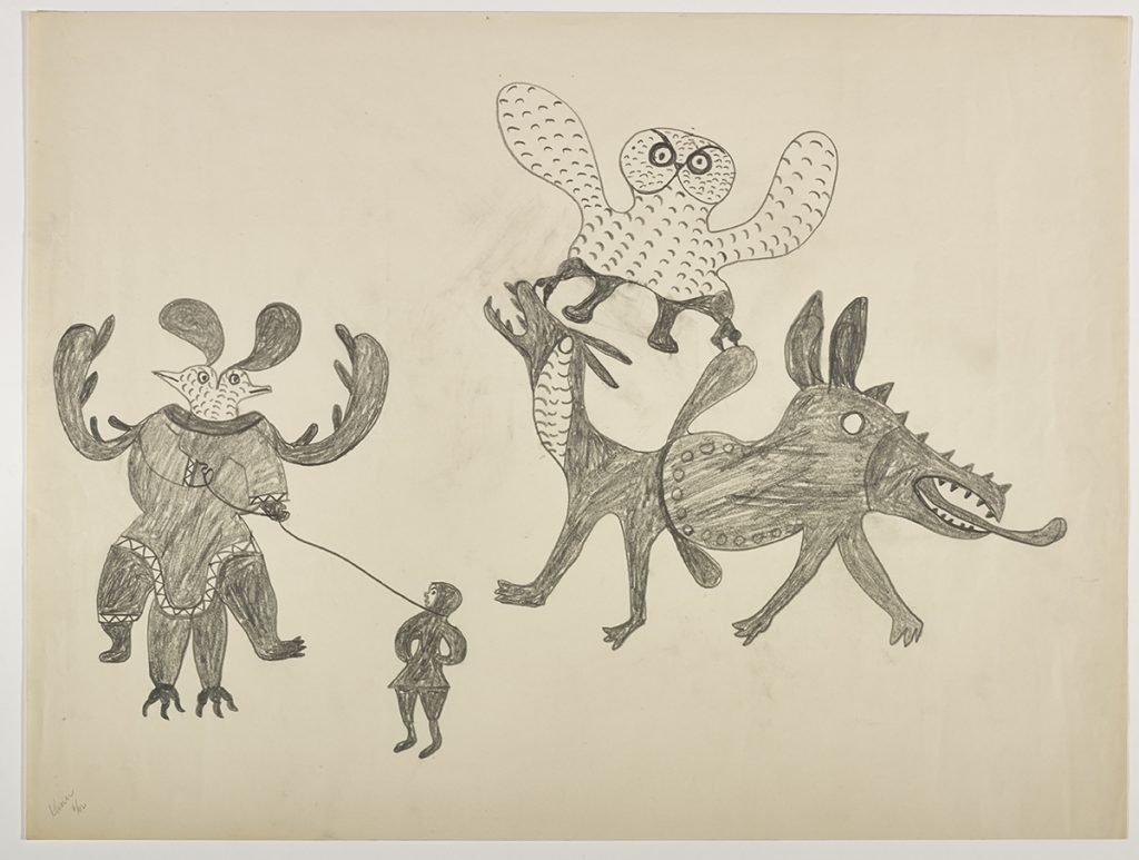 Scene depicting two imaginary creatures: a half-human half-bird with antlers and a caribou with two heads with an owl above them. Presented in a two-dimensional style and using grey.