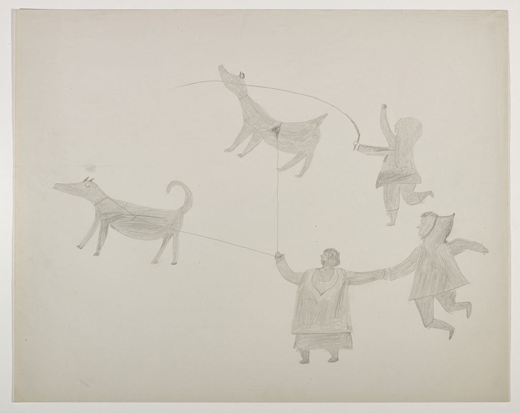 Scene depicting three men whipping two caribou-like dogs on leashes. Presented in a two-dimensional style and using grey.