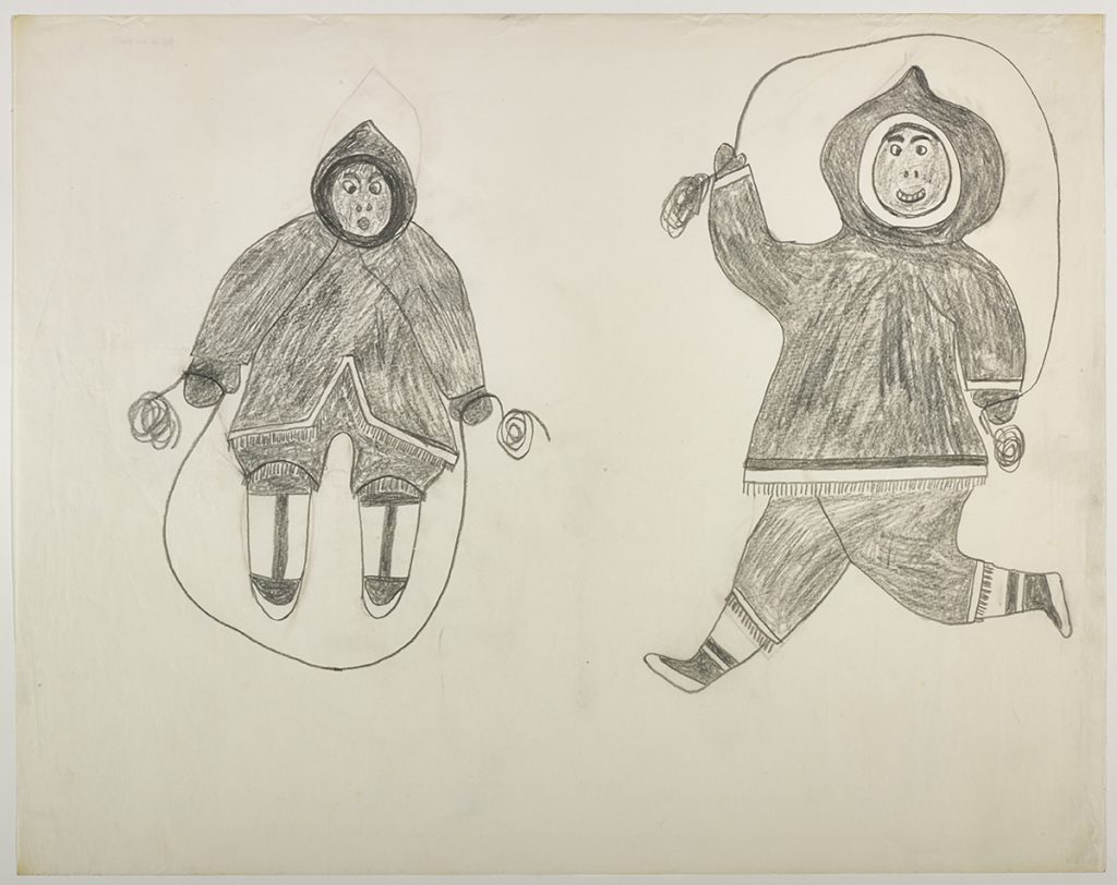 Playful scene depicting two Inuit skipping rope and making silly faces. Presented in a two-dimensional style and using grey.