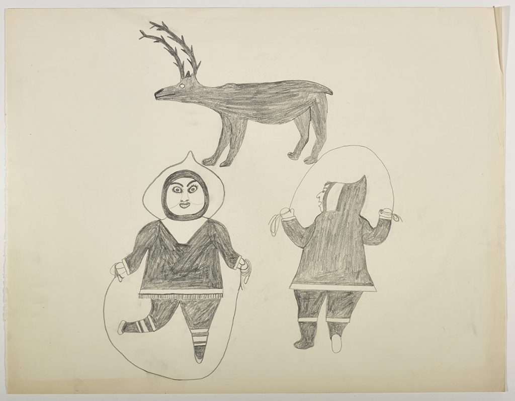 Playful scene depicting two men skipping rope with one man facing backwards. A caribou is shown above the men. Presented in a two-dimensional style and using grey.