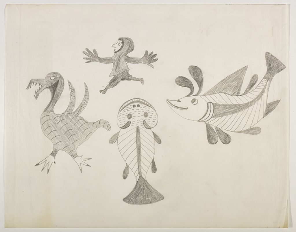 Scène imaginaire représentant un humain avec de grosses mains au-dessus de deux poissons et une créature ressemblant à un oiseau. Œuvre bidimensionnelle exécutée en gris.