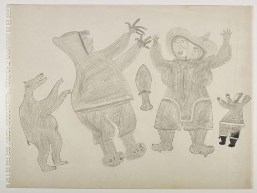 Playful scene depicting two adults with their hands up and a kid to the right of the page. A bear is on the left side of the page. Presented in a two-dimensional style and using grey.