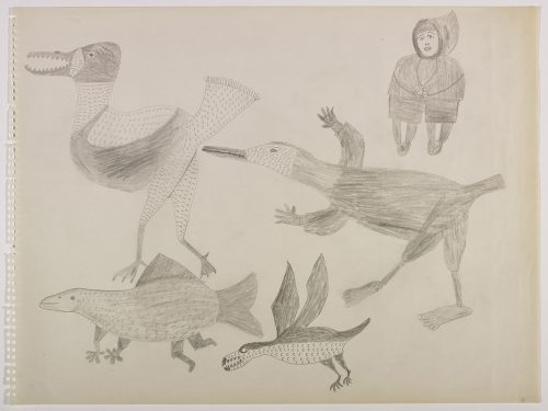 Imaginary scene depicting four strange birds all facing left. A person with two pairs of legs is at the top of the page. Presented in a two-dimensional style and using grey.