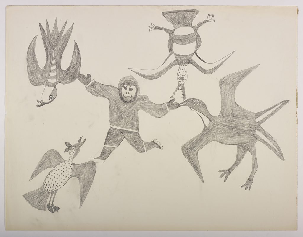 Scene depicting four stylized birds surrounding a person. Presented in a two-dimensional style and using grey.