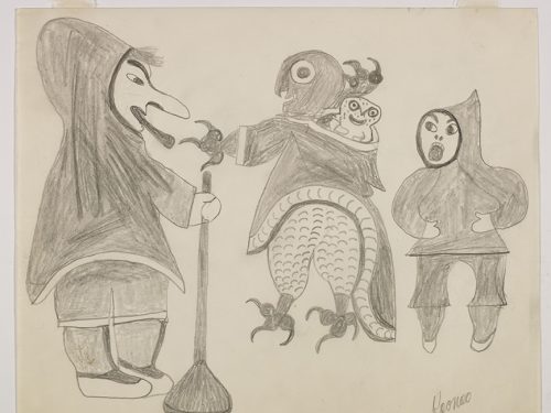 Imaginary scene depicting one child on the right side and a owl with clothing beside him. A man with a long nose is holding a broom on the left side .Scene presented in a two-dimensional style and using grey.