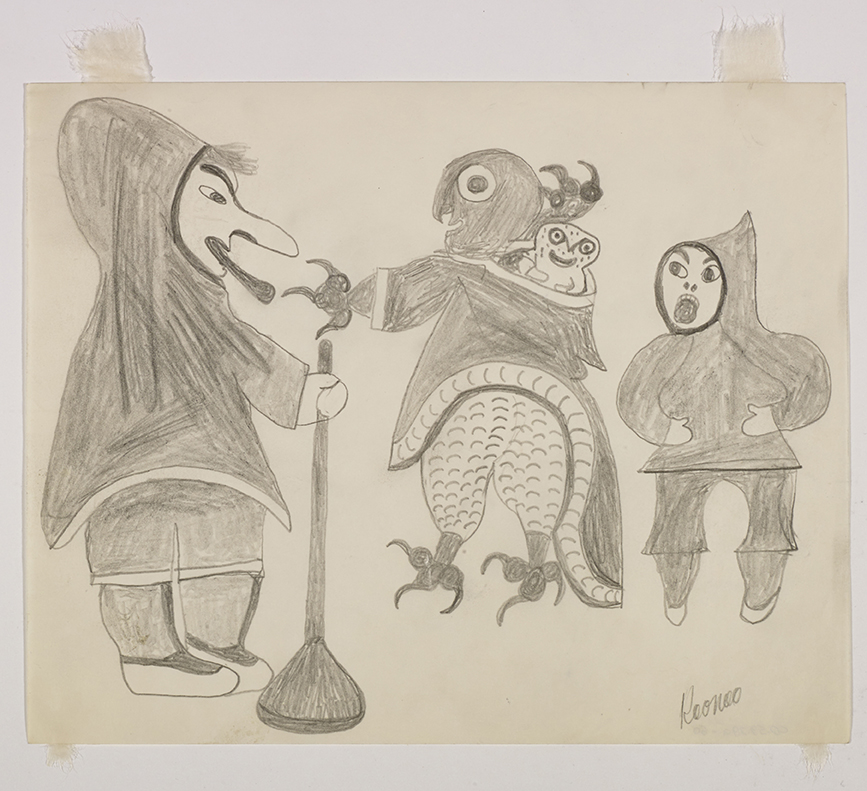 Imaginary scene depicting one child on the right side and a owl with clothing beside him. A man with a long nose is holding a broom on the left side .Scene presented in a two-dimensional style and using grey.