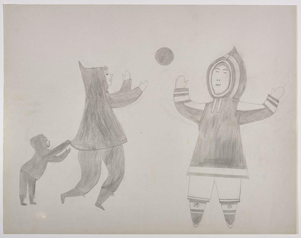 Playful line drawing depicting three realistic people playing ball. Figures presented in a two-dimensional style and using all grey.