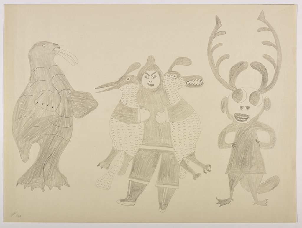 Imaginary scene depicting imaginary walrus on the left side and a caribou-like creature on the right. A man holding two big birds is standing in the middle .Scene presented in a two-dimensional style and using grey.