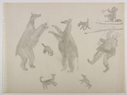 hunting scene depicting two men hunting two bears surrounded by three dogs. One man is on a sled with one dog pulling .Scene presented in a two-dimensional style and using grey.