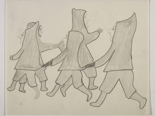 Playful scene depicting five people holding hands in a circle dancing together. Presented in a two-dimensional style and using grey.