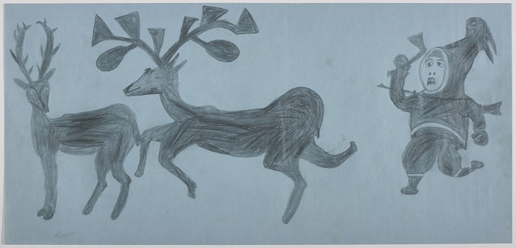 Design depicting two realistic caribou and a hunter trying to kill them. Presented in a two-dimensional style and using grey.