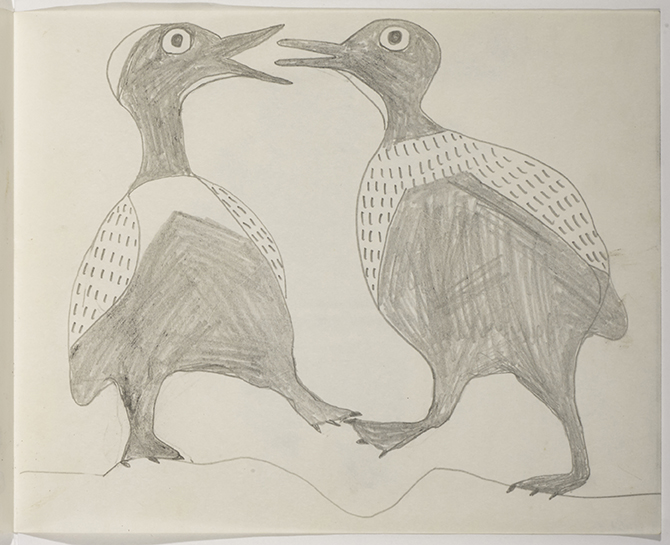 Playful scene depicting two birds facing each other with their feet touching one another. Presented in a two-dimensional style and using grey.