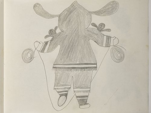Playful scene depicting a person wearing a parka with rabbit-like ears on its hood is facing the away while skipping rope. Presented in a two-dimensional style and using grey.