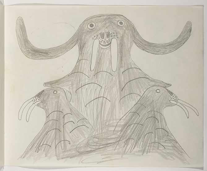 Symmetrical scene depicting a walrus with antlers facing the forward