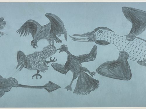 Scène représentant quatre oiseaux face à un autre oiseau avec un oiseau marchant à l'arrière-plan. Œuvre bidimensionnelle exécutée en gris.