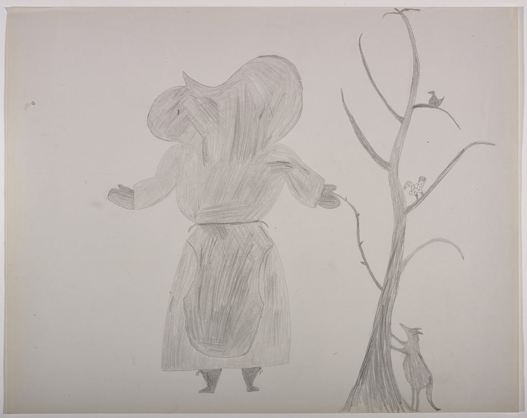 A lady in an amauti walking past a tree with two birds on it as well as a fox standing on it’s hind legs. presented in a flattened