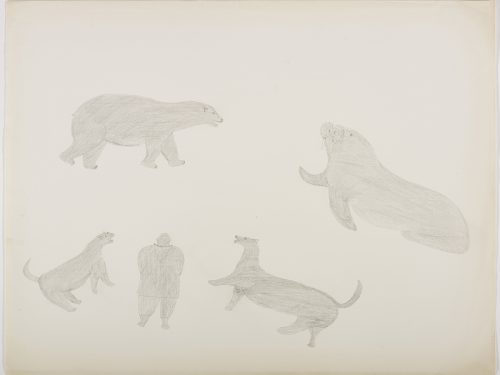 Scene depicting two dogs with a human figure in between them and a polar bear and a walrus above them. Presented in a two-dimensional style and using grey.