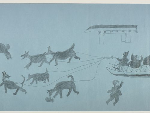 Surreal scene depicting an imaginary rabbit-like man leading a dog team to a rabbit with three people sitting on his sled. Presented in a two-dimensional style and using grey.