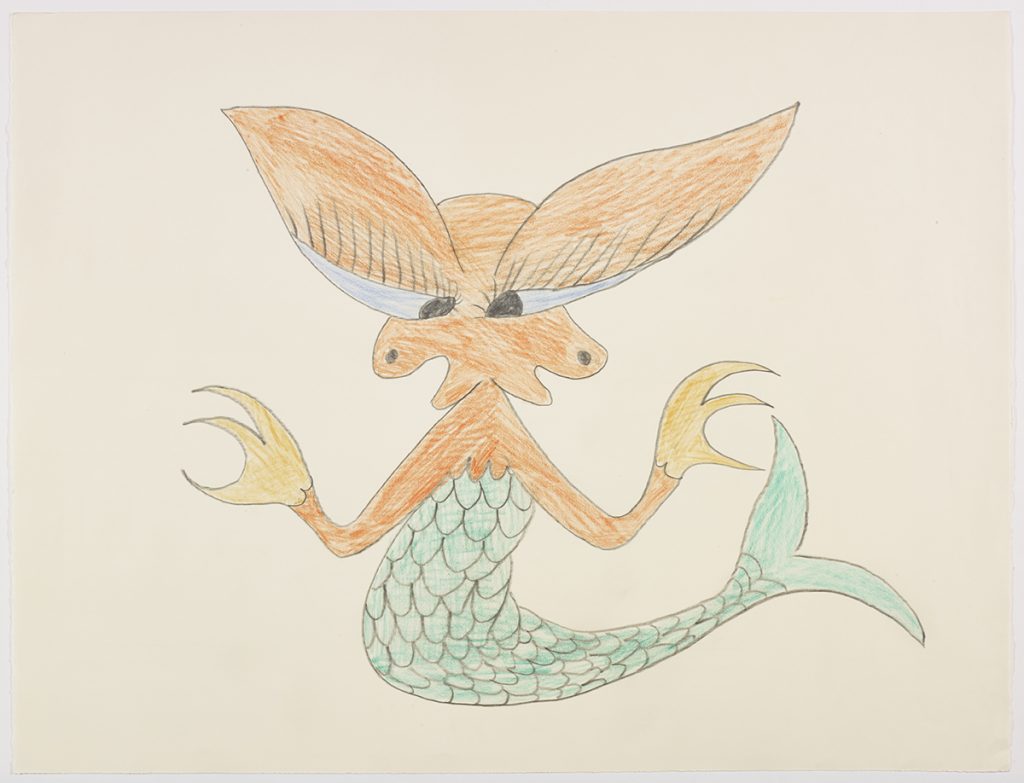 Imaginary mythical mermaid-like creature with pointy fingers and huge eyes. Symmetrical creature presented in a two-dimensional style and using green