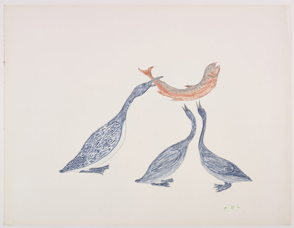 Scene depicting a mother bird trying to feed her baby birds fish. Scene presented in a two-dimensional style and using blue and orange.
