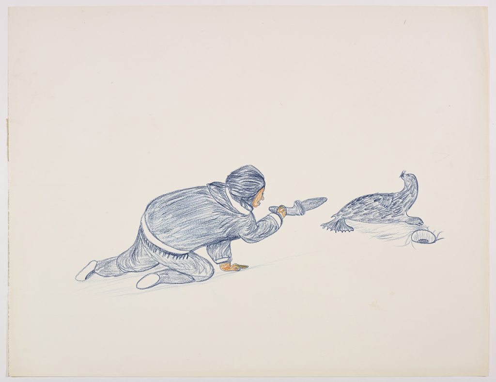 Scene depicting man holding a knife and crawling towards a seal laying beside a hole in the ice. Scene presented in a flattened