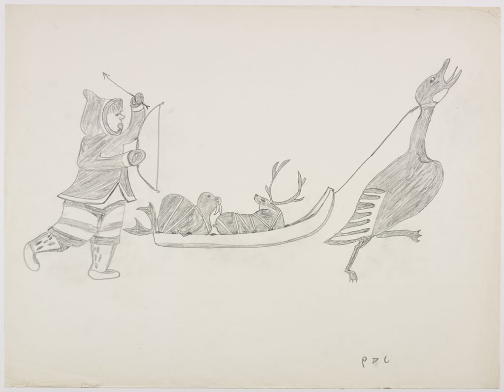 Imaginary scene depicting a person with a bow following a giant Canada goose pulling a kamutik with a seal and a caribou on it. Scene presented in a two-dimensional style and using grey.