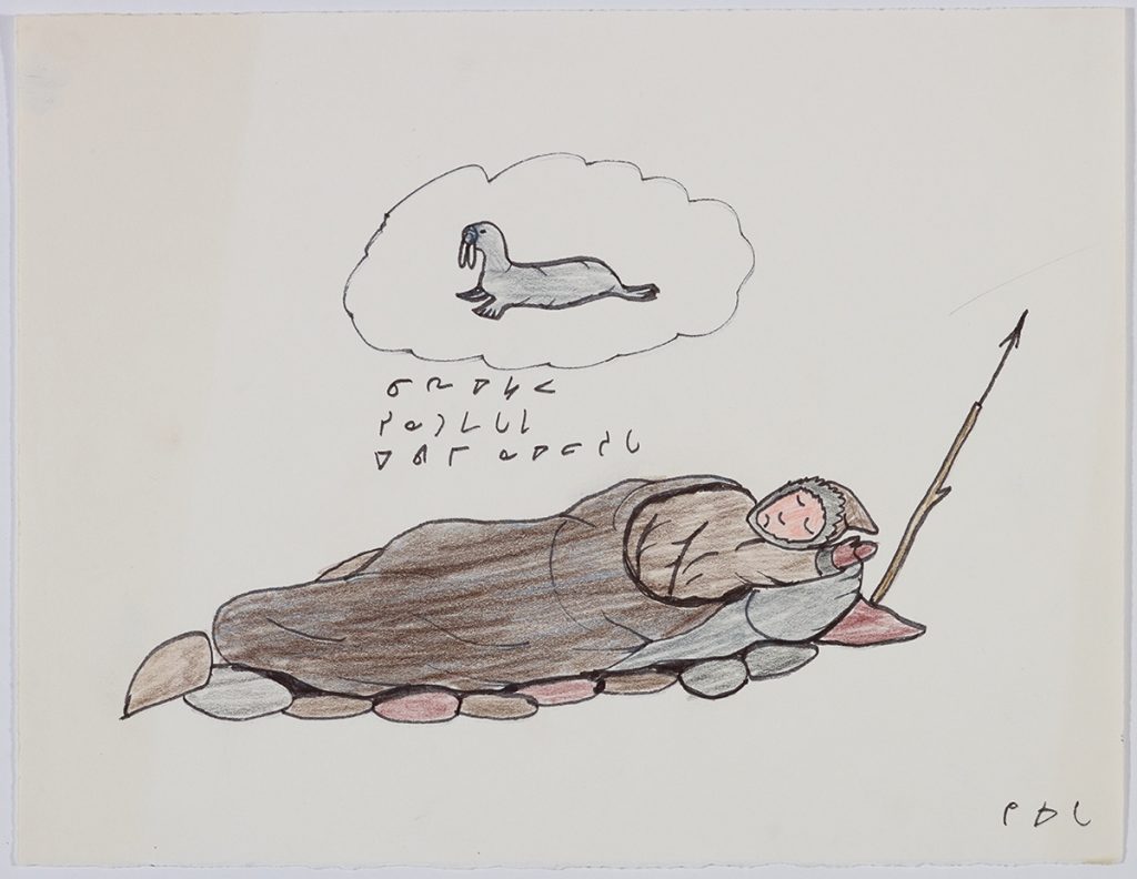 Scene depicting a hunter laying on stones while a thought bubble with a walrus in it floats above them. Inuktitut syllabics are written in the space between the thought bubble and the hunter. Presented in a two-dimensional style and using brown