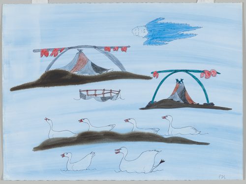 Imaginary landscape depicting four geese sitting on the ground and two geese in the water with two tents and sticks holding dried fish in the background. Scene presented in a two-dimensional style and using aqua