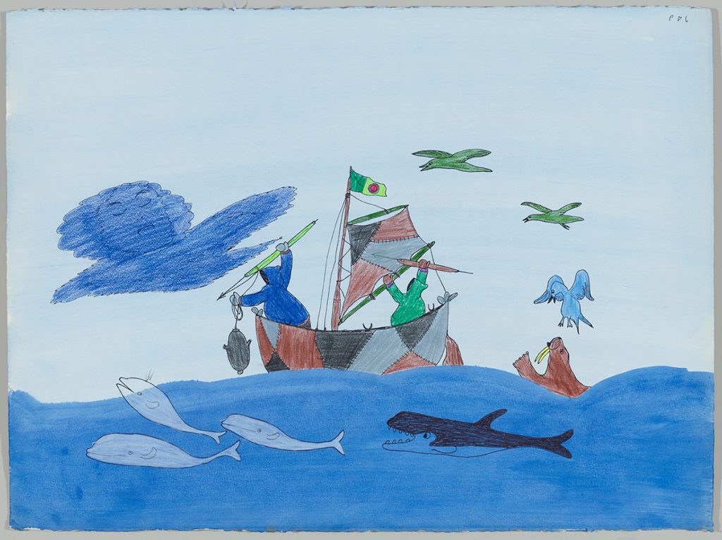 Sceen depicting three beluga under a boat with a killer whale behind the on the right side of the page