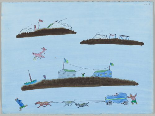 Surreal landscape depicting three dogs chasing a man while pulling a car
