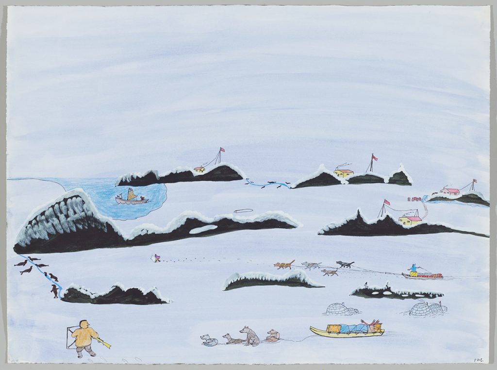 Landscape depicting a small community on rocky snow-covered islands in the background