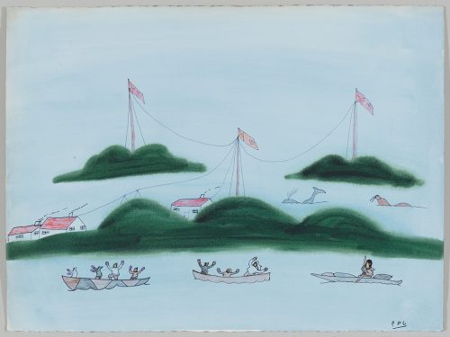 Landscape depicting three boats hull of humans in the foreground
