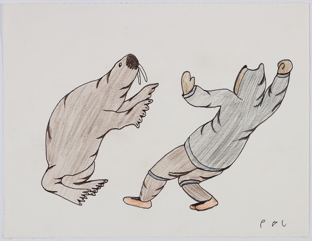 Playful scene depicting a walrus standing on its hind flippers facing a person with their hands in the air and leaning backwards. Presented in a two-dimensional style and using black