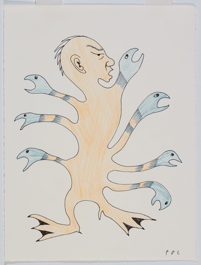 Imaginary creature with seven arms with bird heads for hands