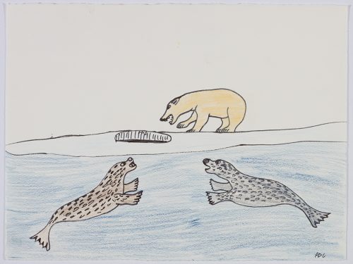 Two seals swiming just below a large piece of ice while a polar bear stands on top of the ice. All three animals fact towards a round opening in the ice. Scene presented in a two-dimensional style and using brown