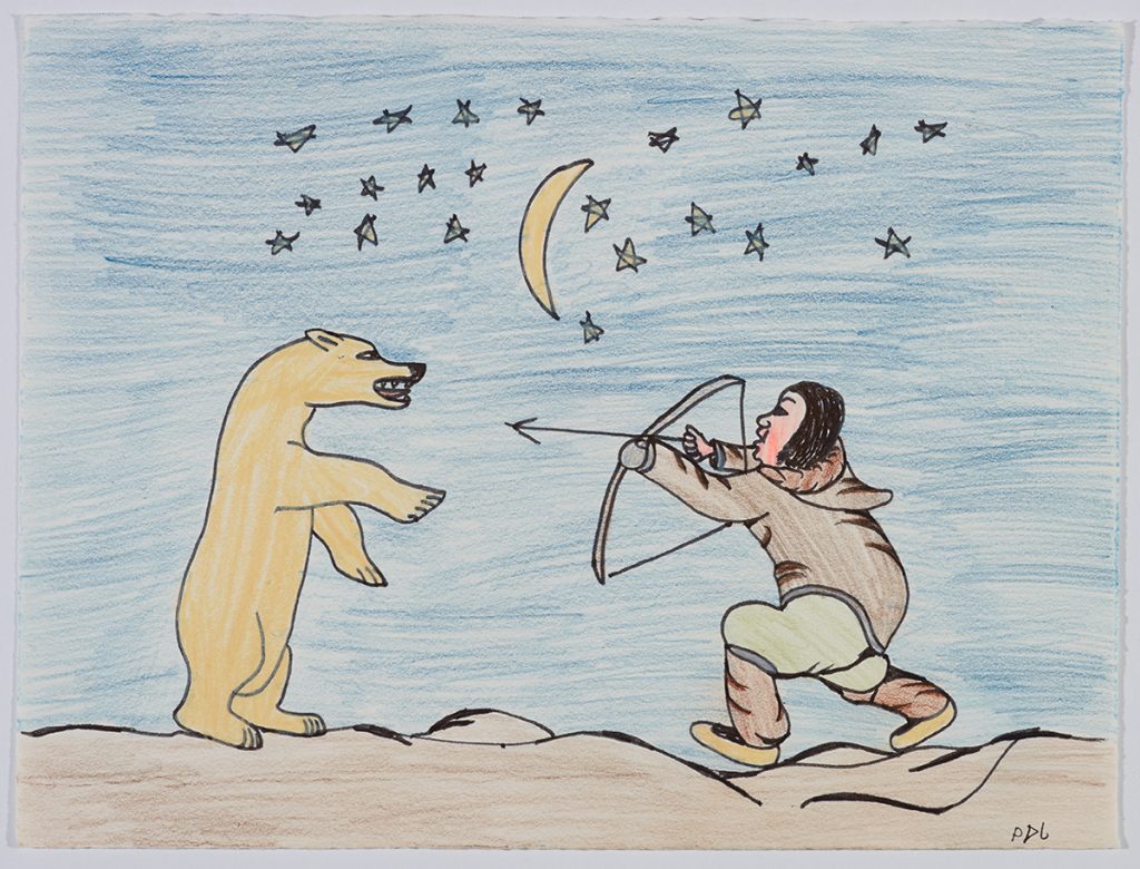 Scene depicting a polar bear walking on its hind legs and a hunter trying to scare the bear away with the moon and stars above them. Figures presented in a two-dimensional style and using yellow