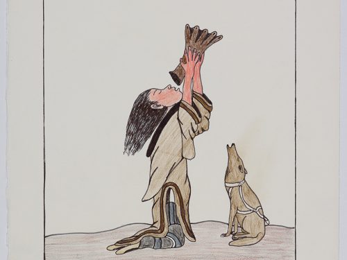 Scene depicting a woman on her knees drinking from an animal part thats been dried out and a dog howling beside her. Figure presented in a two-dimensional style and using light brown