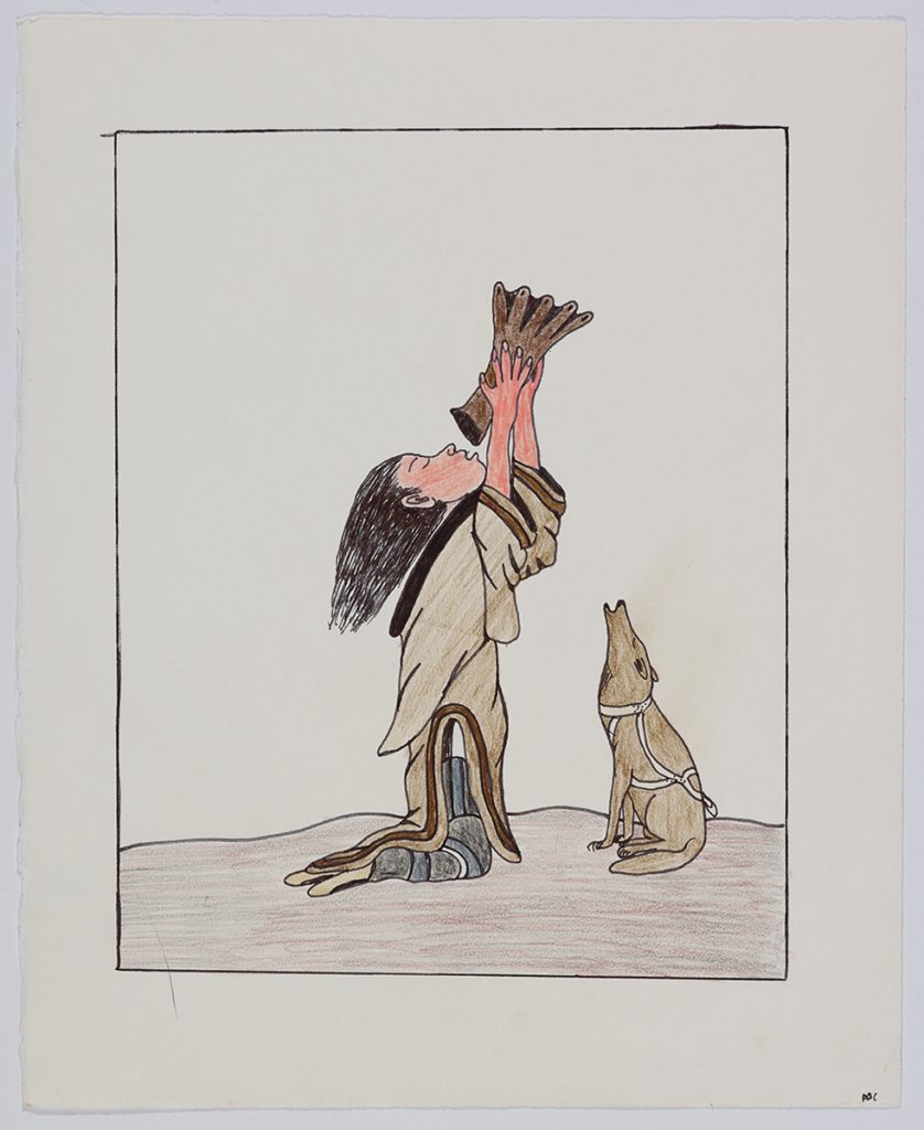 Scene depicting a woman on her knees drinking from an animal part thats been dried out and a dog howling beside her. Figure presented in a two-dimensional style and using light brown
