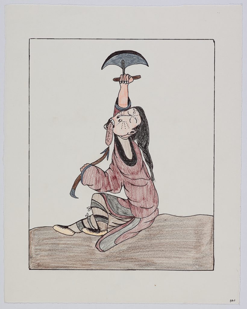 Realistic line drawing depicting a woman with her toung out while holding an ulu in the air in one hand and a harpoon in the other. Scene presented in a two-dimensional style and using black
