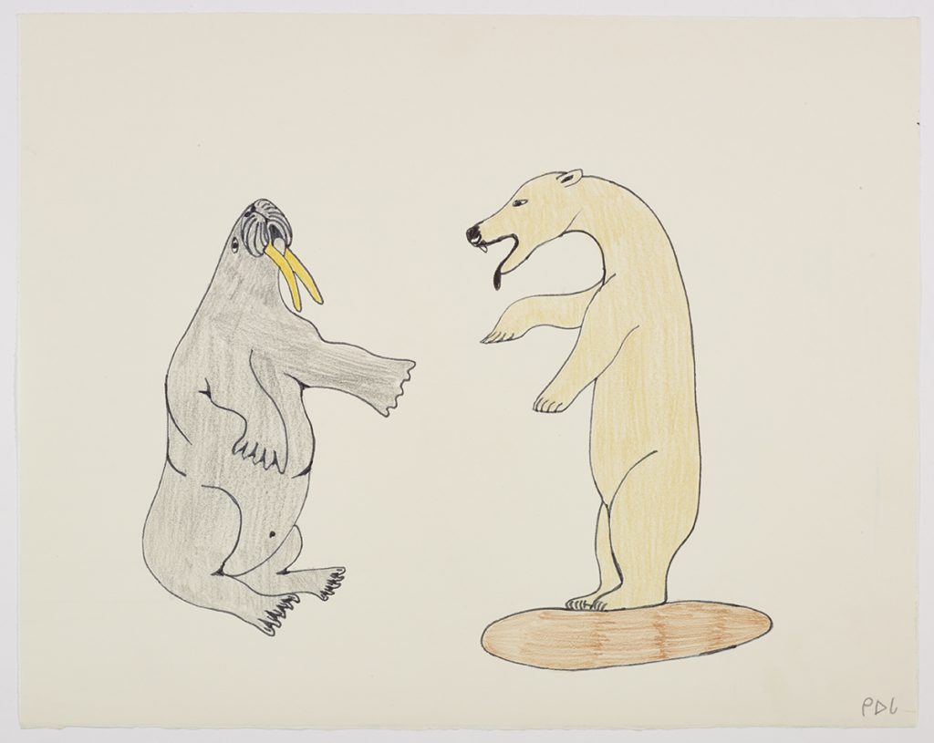 Playful line drawing depicting a walrus sitting up and a polar bear standing on its hind legs