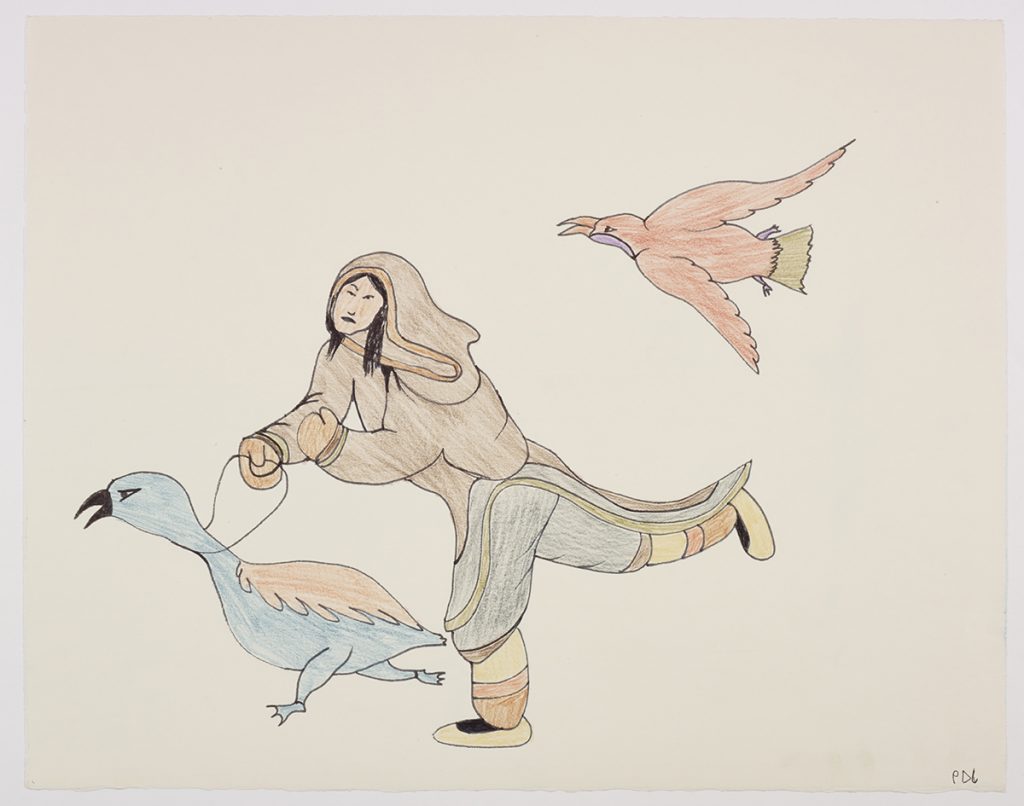 Line drawing depicting a woman wearing traditional clothing walks behind a bird on a leach while another bird flys just behind the women on the right side of the page. Presented in a two-dimensional style and using black