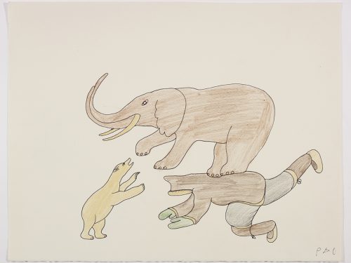 Imaginary scene depicting an elephant standing on a human figure's back and a small polar bear stands on its hind legs facing the elephant.. Scene presented in a two-dimensional style and using brown