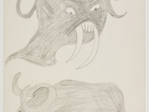 Imaginary scene depicting a muskox near the bottom of page and a creature with two large tusks and four eyes near the top of the page. Figures presented in a two-dimensional style and using gray.