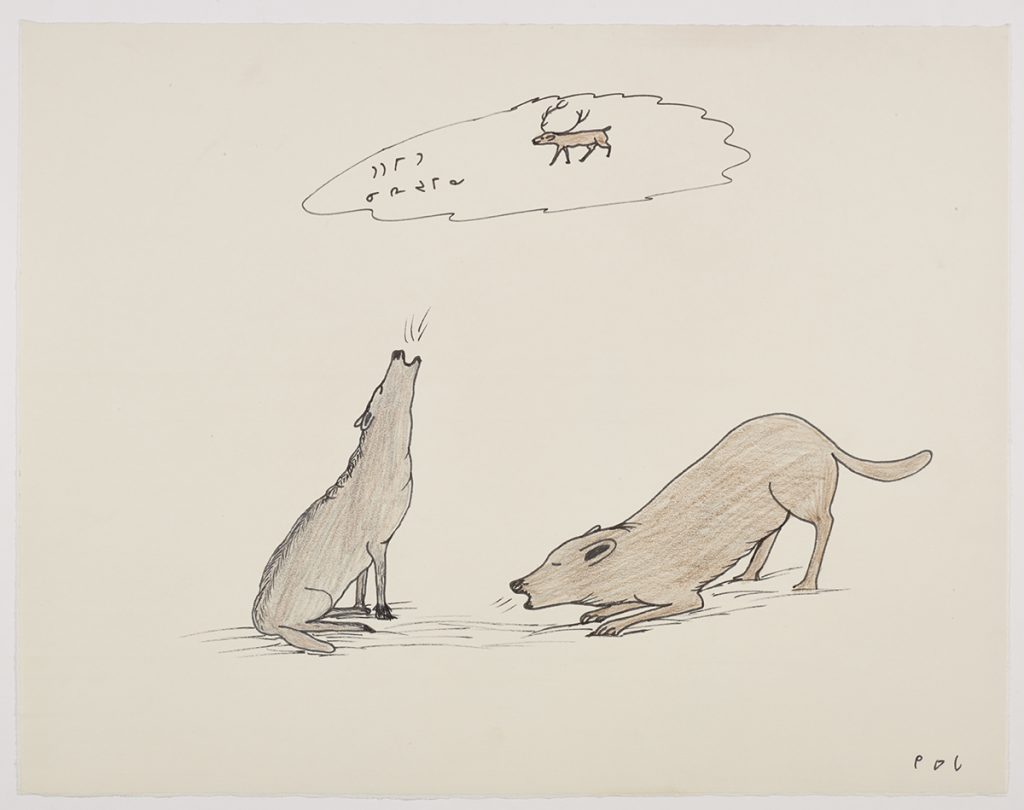 One dog sitting with its head facing up howling and another dog on the right crouching. A thought cloud with some Inuktitut syllabics and a caribou is pictured above the dogs. Scene presented in a three-dimensional style and using brown and black.