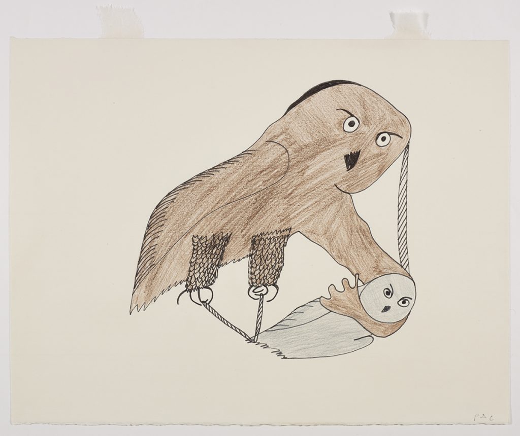 Large owl grabbing the legs of a smaller owl while wraping one of its wings around the smaller owl's neck. Scene presented in a two-dimensional style and using brown