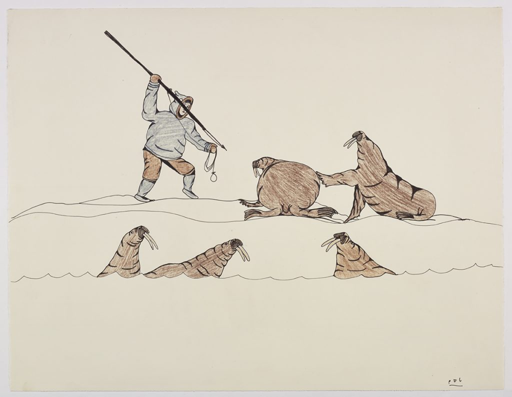Detailed scene depicting five walrus near the water's edge and a Inuk hunter about to throw a harpoon at a walrus. Scene presented in a three-dimensional style and using brown